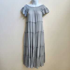 She + Sky Dress Women's M Blue Crinkle Tiered Midi On Off Shoulder Minimalist
